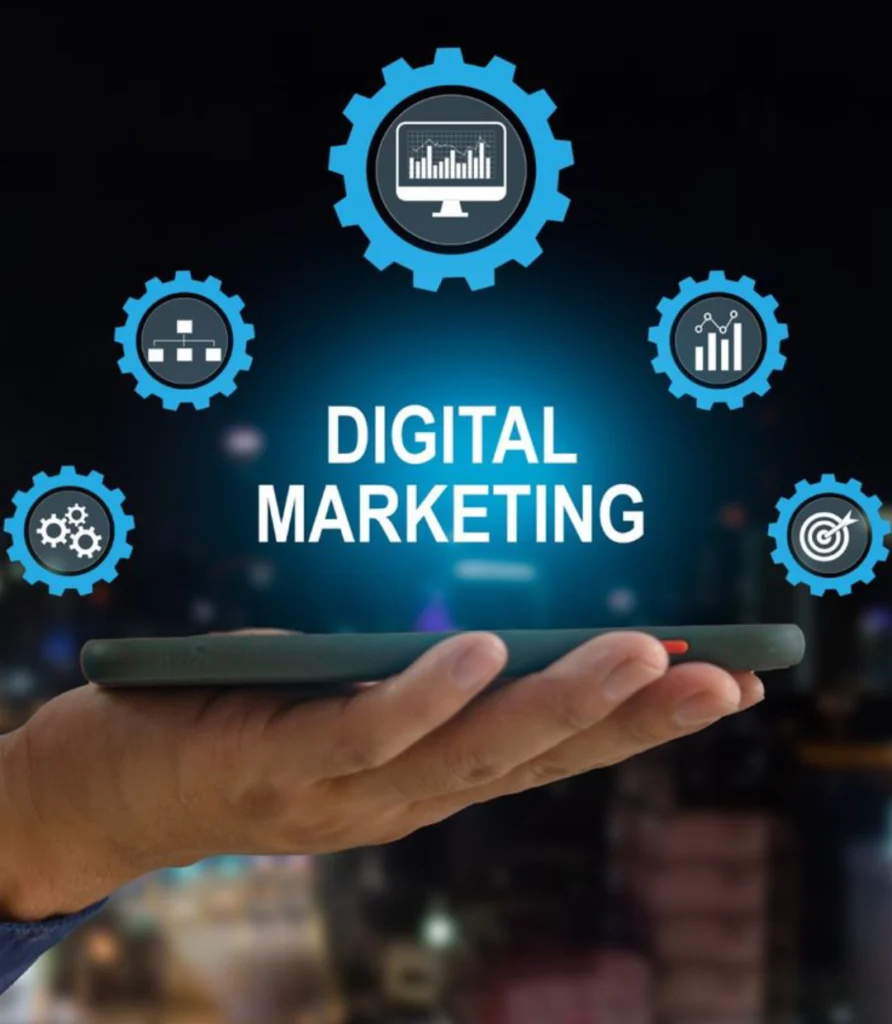illustration conceptuelle du marketing numerique, avec des icones de moniteur, de graphiques et de cibles, ideale pour les entreprises et les agences